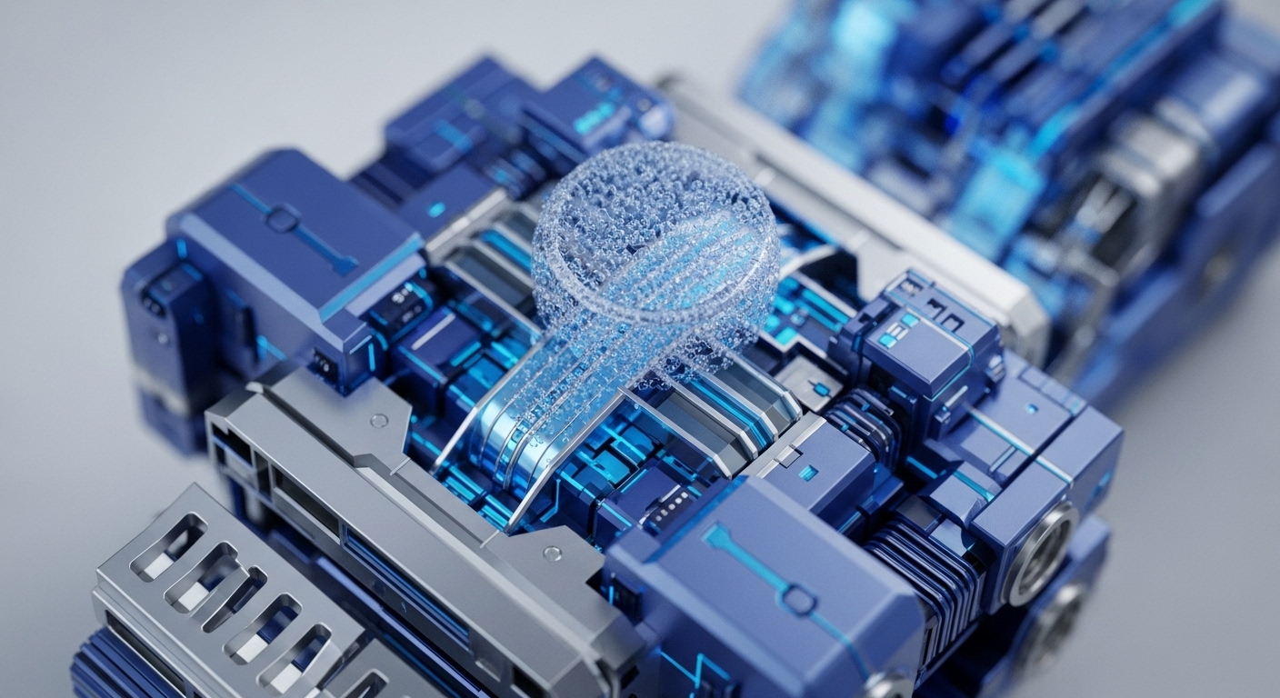A detailed view presents a sophisticated array of blue and metallic silver modular components, intricately assembled with transparent elements and glowing blue internal conduits. A central, effervescent spherical cluster of particles is prominently featured, appearing to be generated from or integrated into a clear channel