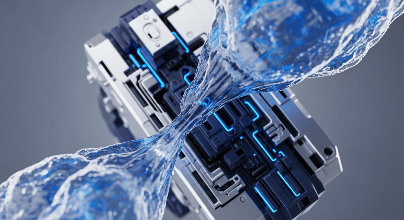 A sleek, metallic architectural construct, featuring illuminated blue pathways, diagonally traverses the frame. Through its central aperture, a vibrant, translucent blue fluid dynamically flows, constricting at its core before expanding again