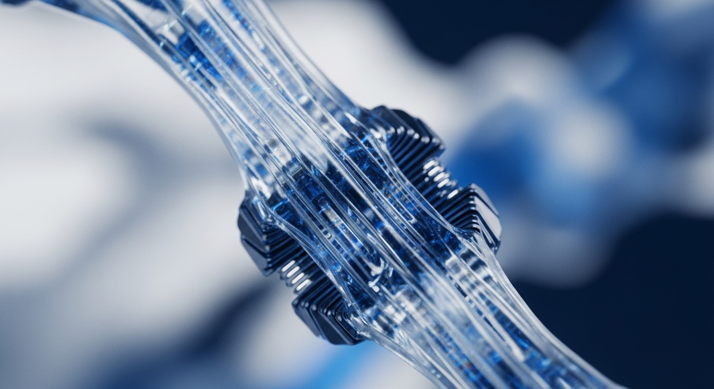 A close-up view reveals transparent, tubular conduits filled with vibrant blue patterns, converging into a central, dark, finned connector. The luminous channels appear to transmit data, while the central unit suggests processing or connection within a complex system