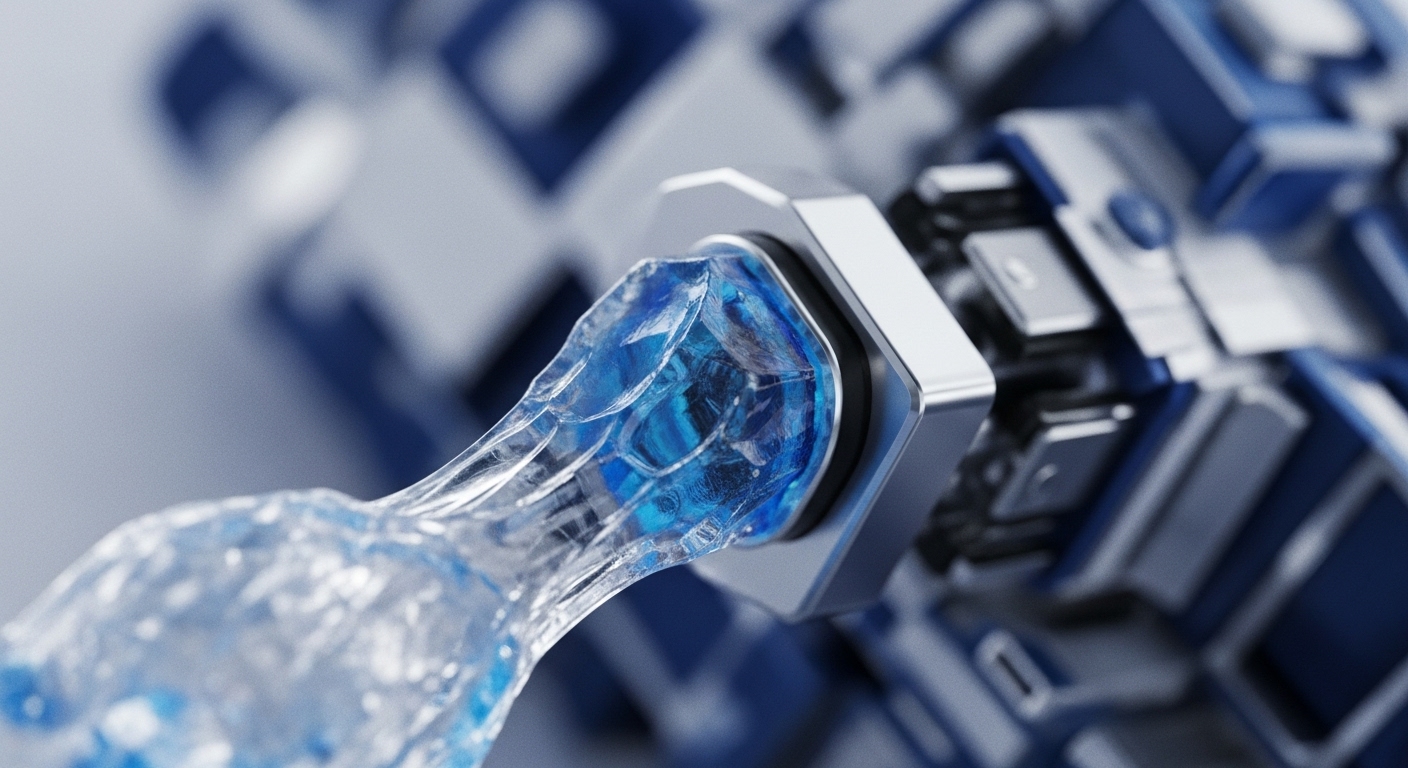 A luminous blue data stream, resembling solidified digital essence, emerges from a sleek metallic connector, signifying a robust cross-chain interoperability gateway. The textured flow suggests intricate cryptographic hashing and the dynamic nature of transaction throughput within a decentralized network. Blurred geometric structures in the background hint at underlying distributed ledger technology infrastructure, emphasizing secure protocol execution and seamless liquidity flow in a high-performance blockchain environment.
