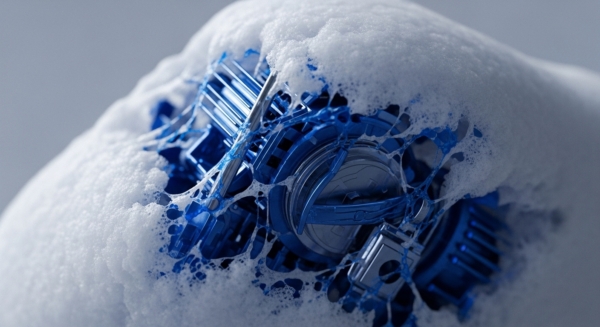 A detailed view of intricate, reflective blue components forming a complex mechanical structure, partially enveloped by a white, frothy substance. This visual metaphor illustrates core blockchain architecture and its underlying cryptographic primitives. The exposed blue elements represent robust decentralized network protocol mechanisms, possibly depicting validator nodes or smart contract logic processing. The surrounding foam signifies dynamic data streams and transaction throughput, abstracting the continuous flow of information within a distributed ledger technology ecosystem, emphasizing secure, high-performance on-chain operations.