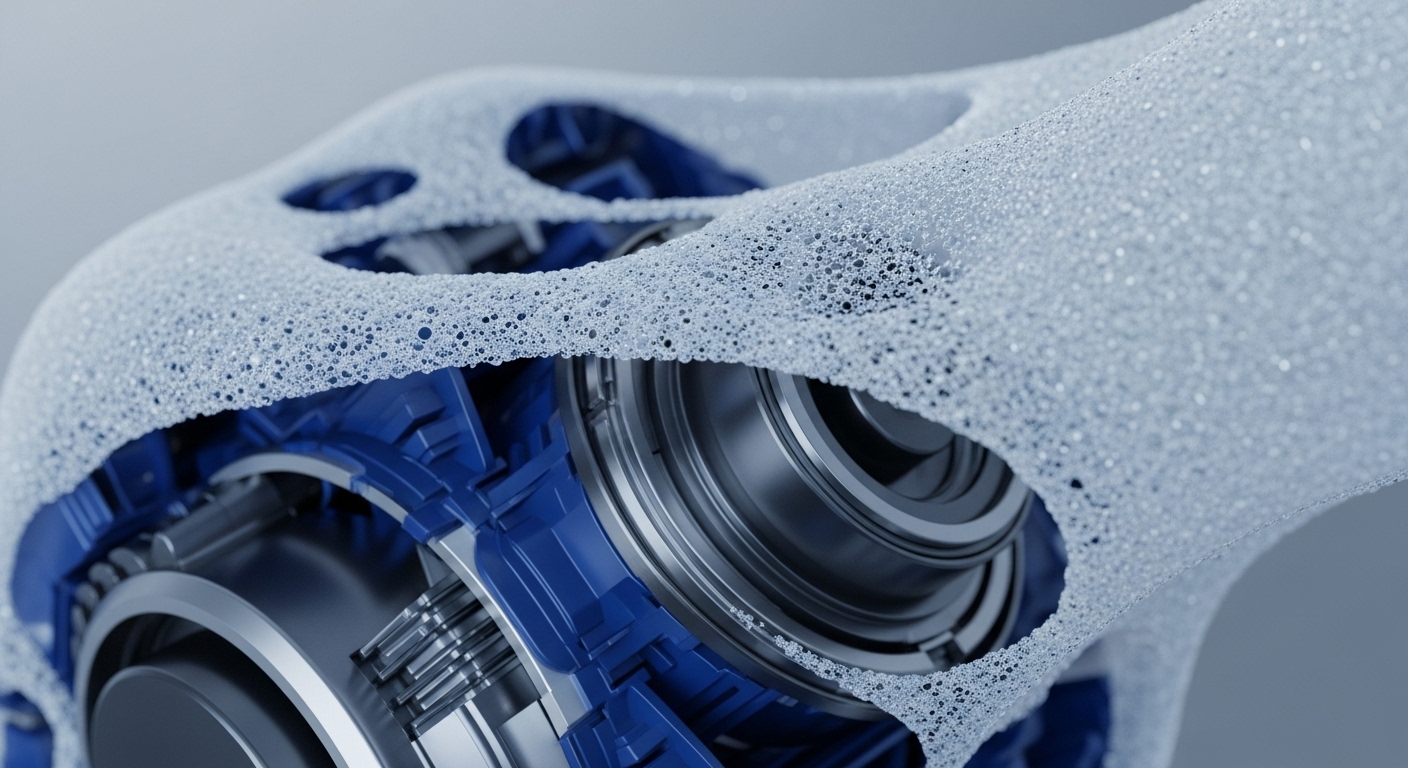 A sophisticated internal mechanism, featuring polished metallic bearings and gears alongside angular blue structural components, is partially revealed. This intricate system is overlaid and partially encased by a translucent, white, porous material composed of countless interconnected spheres, creating a resilient network