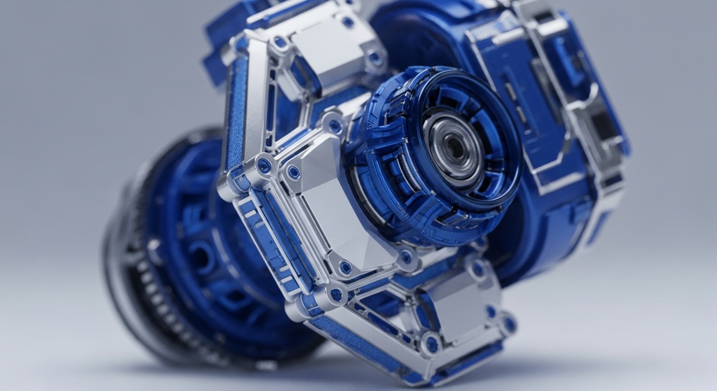 A detailed close-up reveals a complex mechanical component, predominantly in vibrant blue and polished silver. Intricate interlocking panels and a central circular mechanism with a visible bearing are sharply in focus against a soft grey background