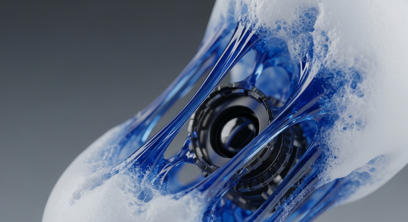 The image displays a dark, intricate mechanical core surrounded by vibrant blue, translucent fluid-like structures. These elements are partially enveloped by a white, frothy foam, all set against a neutral grey background