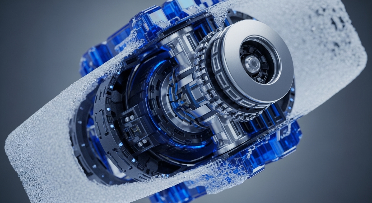 A sophisticated, futuristic mechanical assembly is centrally featured, composed of metallic silver and dark grey components, including intricate gears and a prominent circular aperture. Transparent blue structural elements partially enclose this advanced mechanism, which is enveloped by a dynamic, granular, foamy substance