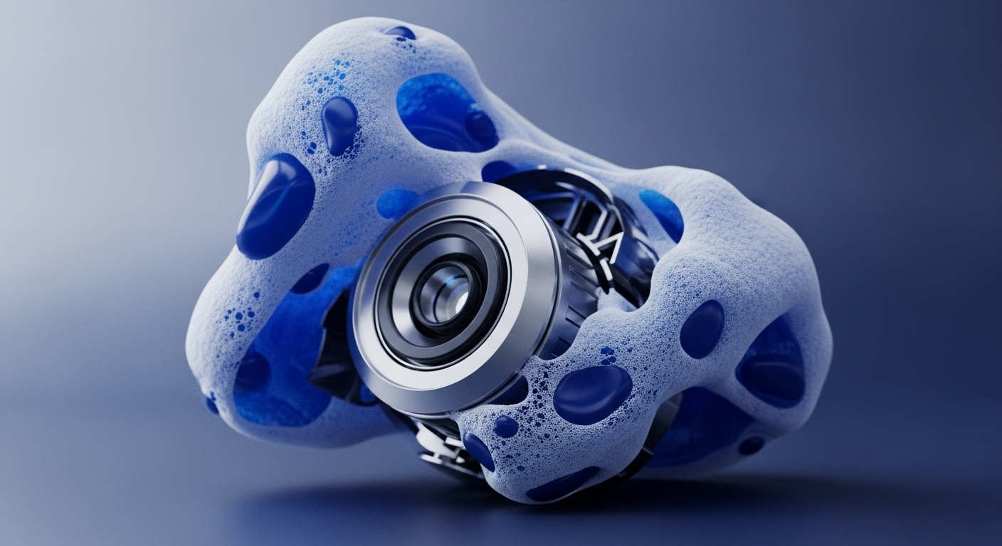 A metallic, lens-like mechanical component is centrally embedded within an amorphous, light-blue, foamy structure featuring deep blue, smoother internal cavities. The entire construct rests on a subtle gradient background, emphasizing its complex, contained form