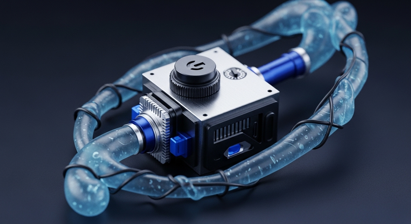 A sophisticated metallic cubic device, featuring a top control dial and various blue connectors, forms the central component of this intricate system. Translucent, bubble-filled conduits loop around the device, secured by black wires, all set against a dark background