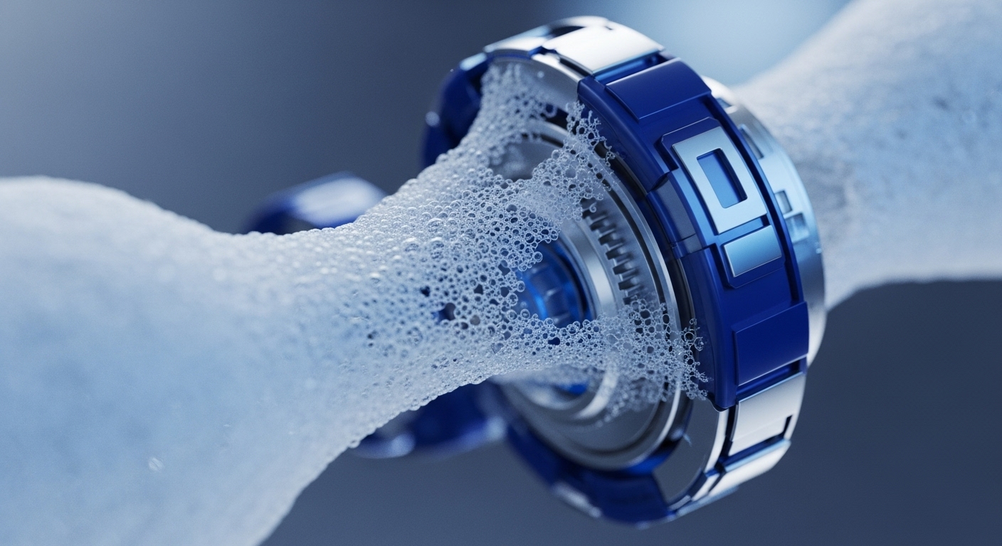 A close-up view reveals a sophisticated blue and silver mechanical structure, partially submerged and interacting with a white, bubbly foam. The effervescent substance flows around the intricate gears and metallic segments, creating a dynamic visual of processing