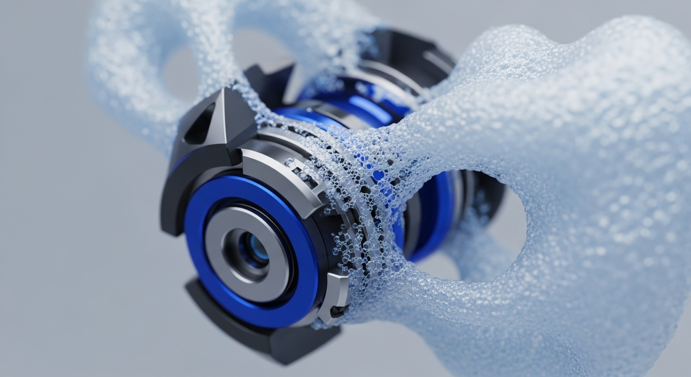 A sophisticated mechanical apparatus, featuring metallic grey and striking blue components, forms the core of a complex system. This mechanism is enveloped by a dynamic, effervescent light-blue substance, resembling a multitude of interconnected bubbles or granular data streams. This visual metaphor illustrates a blockchain network node actively engaged in cryptographic hashing, where each bubble represents a discrete transaction record or data packet. The intricate interaction highlights the continuous block validation process and the flow of on-chain data, crucial for maintaining distributed ledger integrity within a robust consensus mechanism.