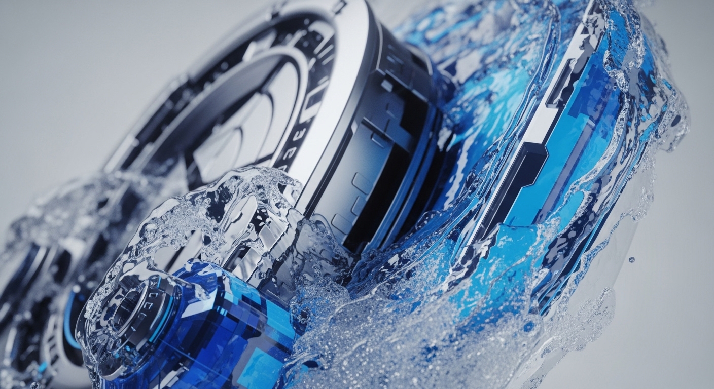 A sophisticated mechanism, composed of polished metallic and crystalline blue elements, is depicted amidst dynamic splashes of clear water. The scene highlights the interaction between precision engineering and fluid dynamics, suggesting a high-performance system