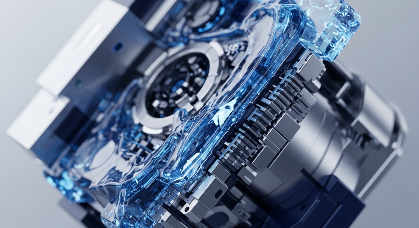 The image displays a complex, angular mechanical assembly predominantly in metallic silver and dark blue, integrated with translucent blue fluid or crystalline structures. A central circular element acts as a focal point, surrounded by intricate stacked components and what appear to be cooling channels