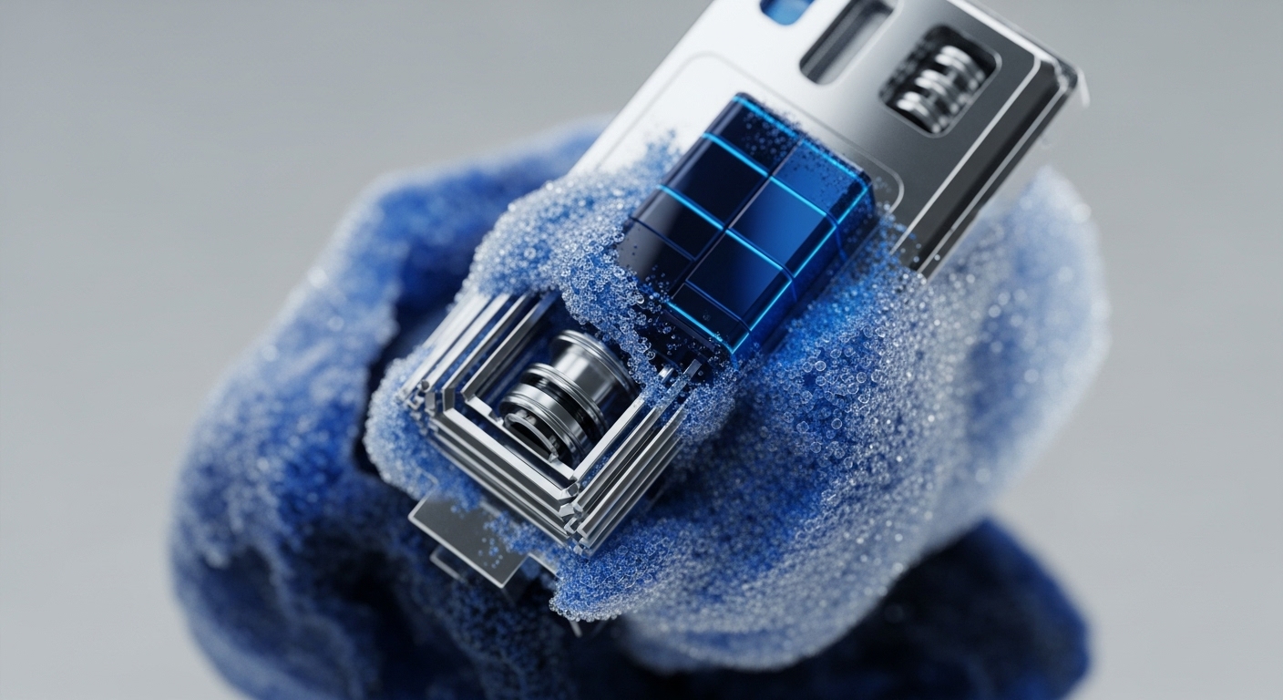 A complex metallic apparatus, featuring stacked structural elements and a central cylindrical component, is partially submerged in a vivid blue, granular substance. A prominent, glowing blue segmented block, resembling an active energy cell or data processor, emanates light amidst the granular medium, suggesting intense operational activity