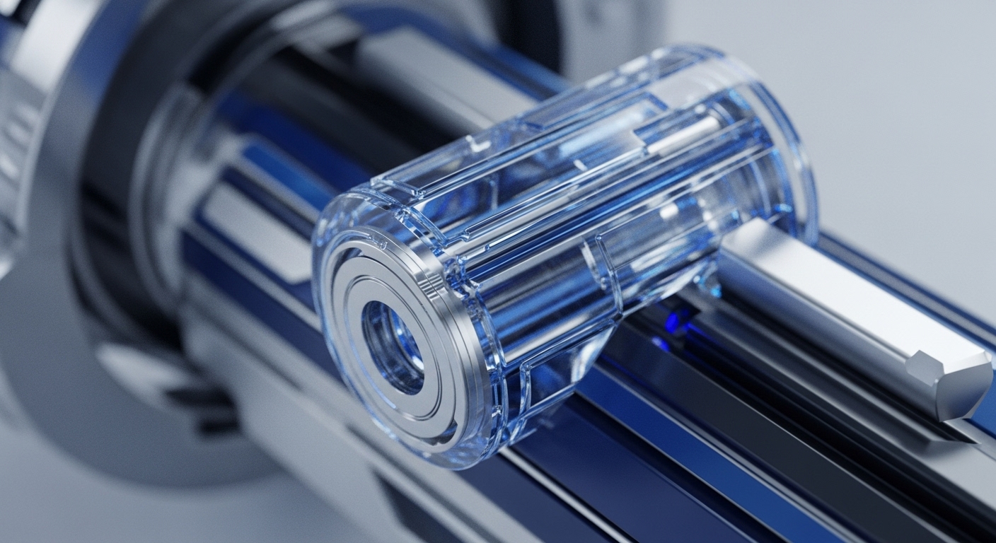 A close-up view presents a translucent, cylindrical device with visible internal metallic structures. Blue light emanates from within, highlighting the precision-machined components and reflective surfaces
