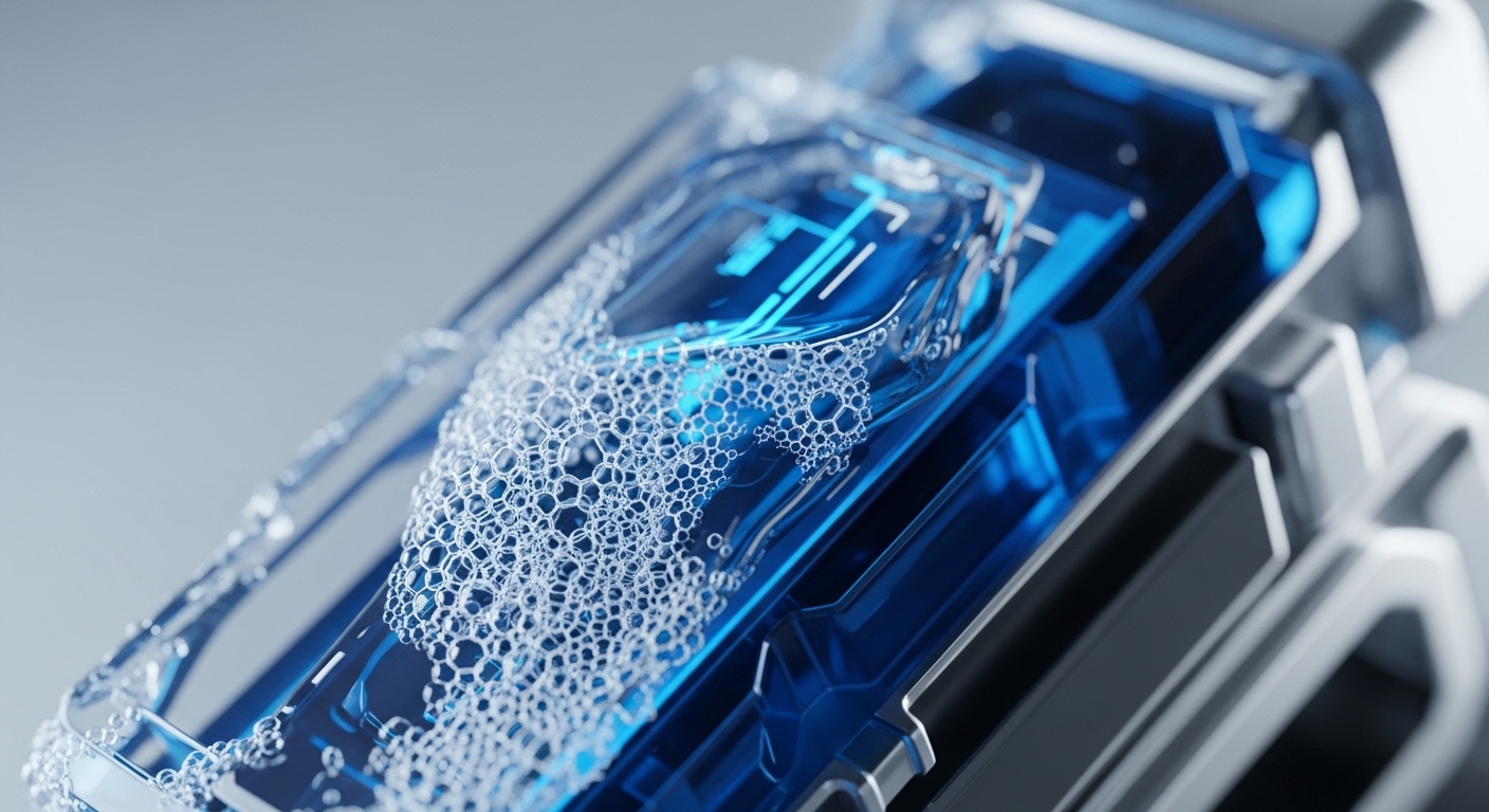A close-up view reveals a transparent, futuristic apparatus containing a vibrant blue liquid filled with a dense array of uniform bubbles. Internal illuminated blue lines suggest intricate circuitry or data pathways within the fluid, set against a blurred light gray background