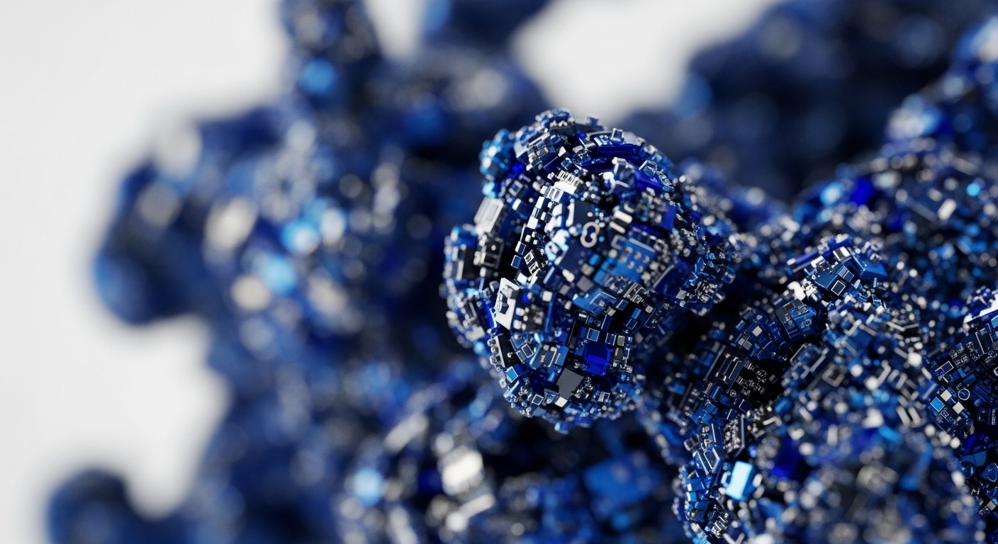 The image displays a detailed, macro view of an intricate structure formed by countless small, blue and metallic-silver components. These elements, reminiscent of circuit board parts or microchips, are densely packed and interconnected, creating a complex, textured surface with a central focal point