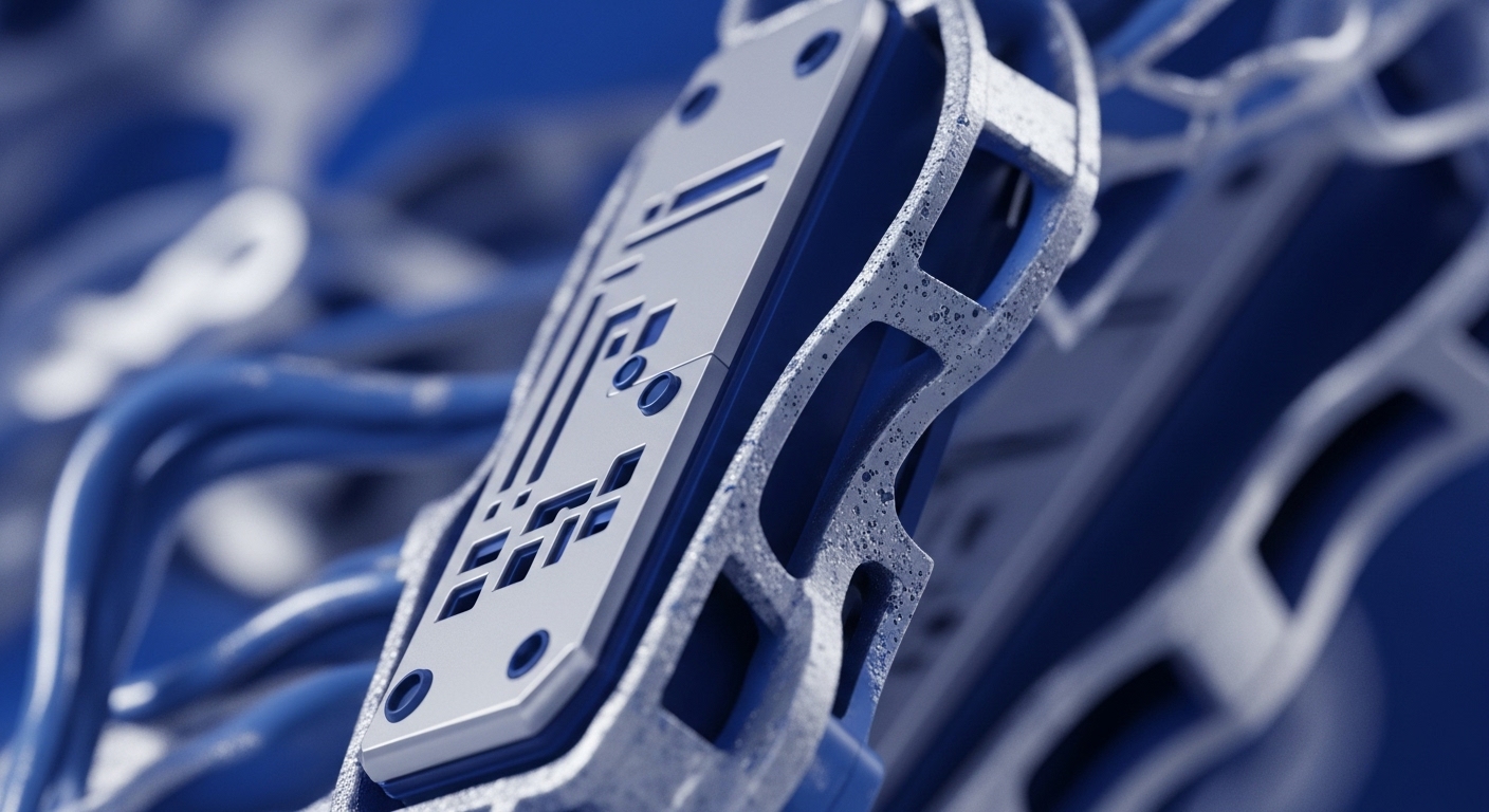 The image presents a detailed, close-up perspective of an intricate mechanical or digital component. A central light grey panel, etched with precise geometric patterns and circular depressions, is framed by a rougher, textured silver structure, all set against a blurred background of blue tubular elements