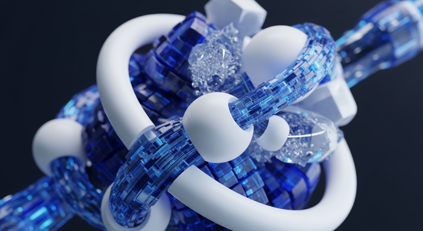 A complex abstract composition features smooth white tubular and spherical forms interwoven with translucent blue block-like structures. Scattered clear crystalline fragments add texture, all set against a dark, softly lit background
