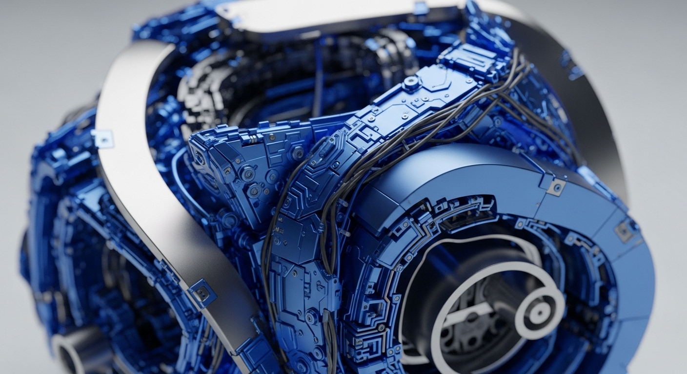 A complex, spherical mechanical device dominates the frame, rendered in metallic blue and silver. Intricate panels, wiring, and internal components are visible, showcasing detailed engineering