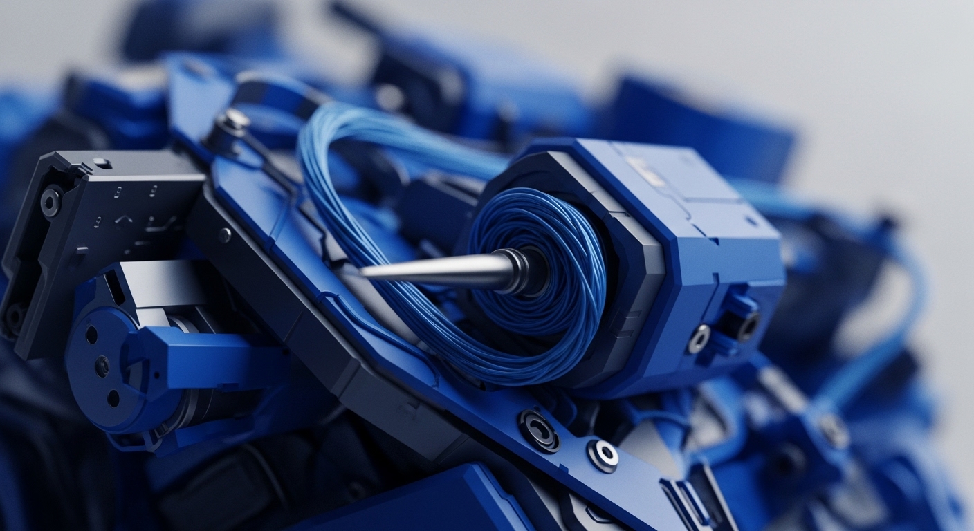 The image displays a detailed view of a blue and metallic industrial-grade mechanism, featuring precisely arranged components and bright blue cabling. A central silver spindle is surrounded by tightly wound blue conduits, suggesting a core operational hub for data management and transfer