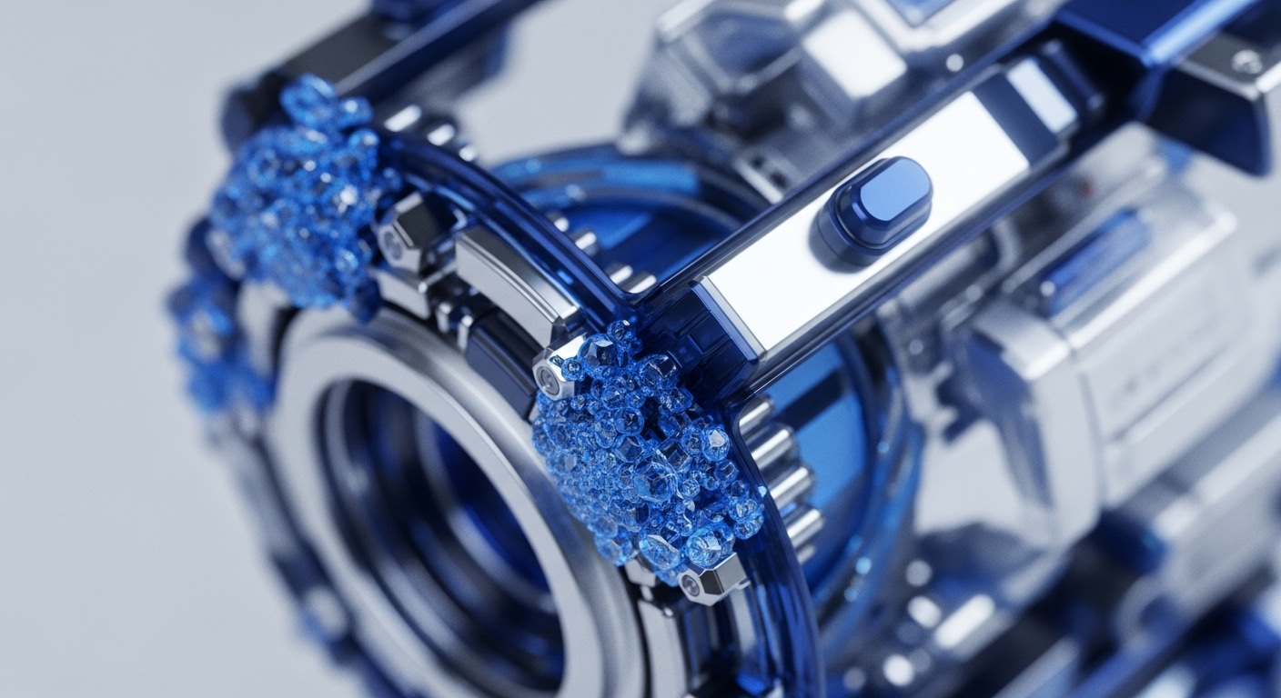 A complex, high-fidelity render showcases an intricate mechanical core, dominated by polished silver and deep translucent blue components. Clustered crystalline blue elements, reminiscent of processed data units or tokenized assets, adorn a central ring. This sophisticated cryptographic primitive appears to be a consensus mechanism engine, featuring interconnected metallic structures and clear blue conduits suggesting interoperability protocols within a decentralized autonomous organization DAO framework. Its precise engineering evokes a robust blockchain architecture designed for high-performance transaction finality.