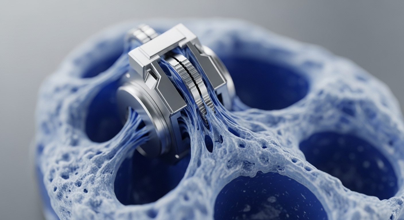 A close-up view reveals a highly detailed metallic mechanism, silver in color, with finely grooved internal components, nestled within a textured, deep blue, sponge-like structure. Numerous thin, blue filamentous strands extend from the metallic device, weaving into the surrounding organic-looking matrix, creating a complex, interconnected system