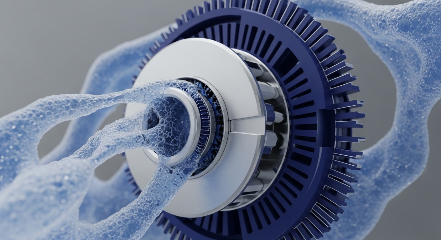 A complex, abstract rendering showcases a central, multi-layered mechanical structure, resembling a consensus mechanism or protocol layer. Its prominent dark blue outer ring features intricate fins, suggesting transaction validation components. Encircling and interweaving with this core is a translucent, light blue, bubbly substance, visually representing data streams or liquidity pools. This effervescent medium flows through and around the mechanical parts, symbolizing the dynamic processing of tokenized assets within a decentralized network, illustrating the intricate interplay of on-chain operations.