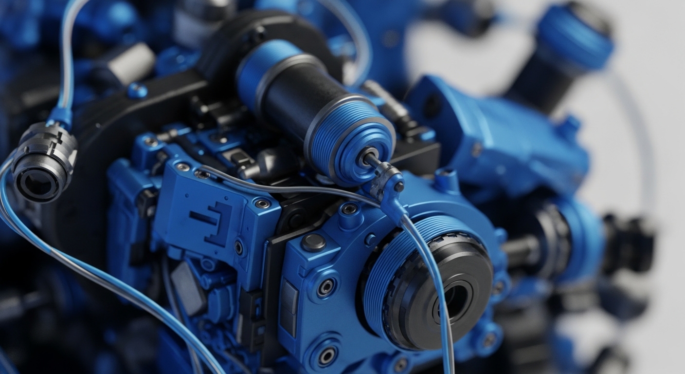 The image presents a close-up of highly detailed, metallic blue and black mechanical components, featuring various cylindrical parts, secure bolted panels, and intertwined blue and white wiring. The sharp focus on the intricate connections and robust construction conveys a sense of advanced engineering