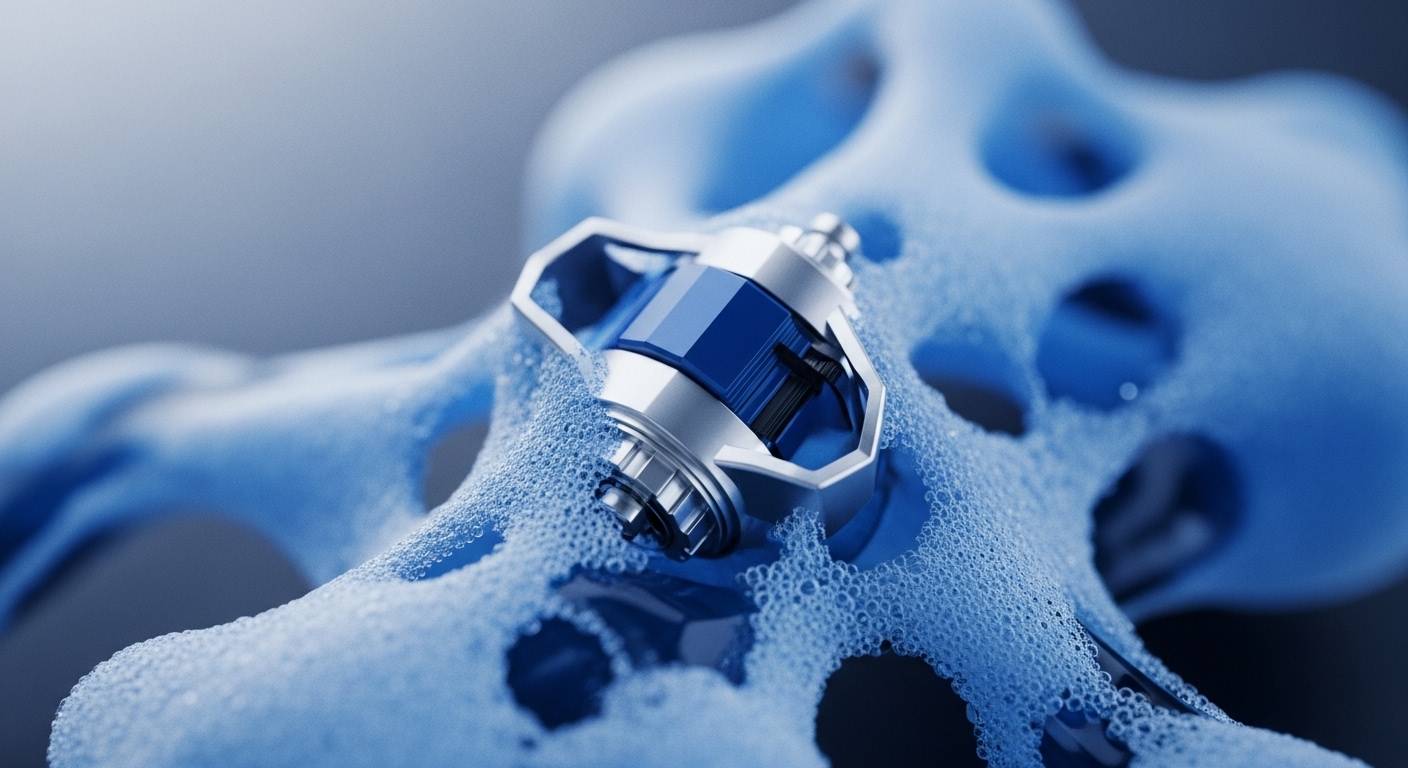 A sophisticated silver and blue mechanical device is positioned on a light blue, textured, bubbly surface. The surface appears fluid and porous, with deeper blue recesses suggesting underlying structure
