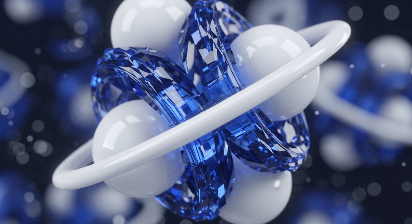 The image displays multiple glossy white spheres interconnected with faceted blue crystalline forms, all encircled by a smooth white ring. These elements are set against a dark, blurred background with subtle bokeh lights