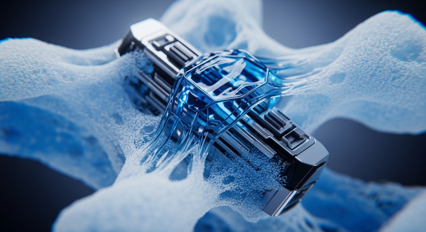 A central, intricate metallic device featuring a luminous blue, crystalline core is depicted, enveloped by a dynamic, granular blue substance. This visual represents an advanced computational unit operating within a complex data environment