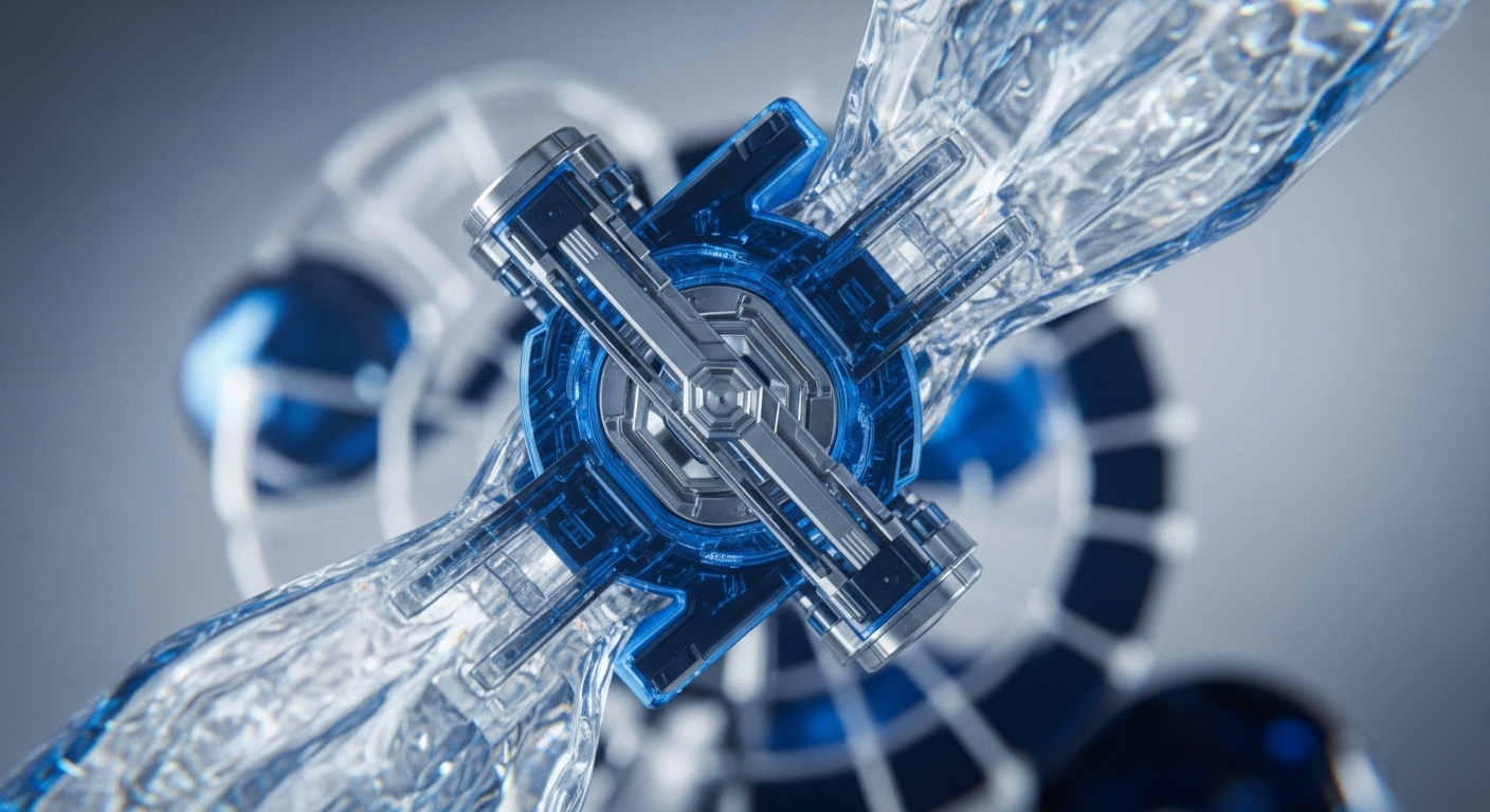 The image presents a striking visual of a central, multi-faceted core mechanism, constructed from translucent blue and reflective metallic elements, integrated with two dynamic, transparent flows. This central node functions as a pivotal cryptographic primitive, orchestrating trustless value transfer within a decentralized finance DeFi ecosystem