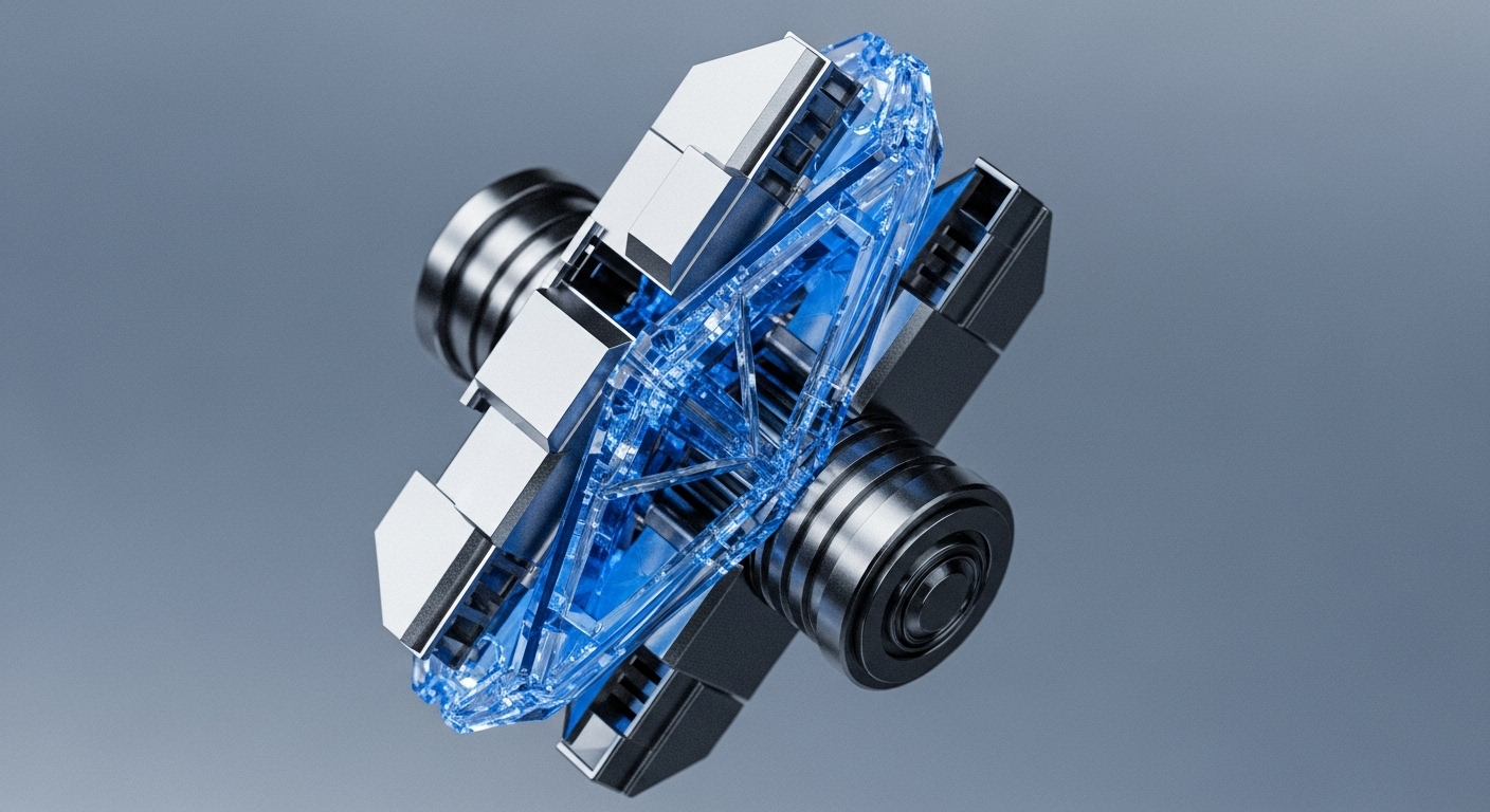 A sophisticated technological component showcases a vibrant, transparent blue crystalline core encased within metallic housing. This central, geometrically intricate structure illuminates, suggesting advanced data processing or energy channeling