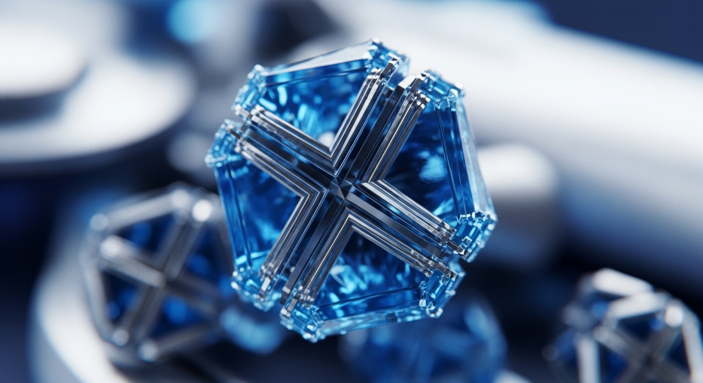 A vibrant blue, translucent geometric object with an intricate 'X' pattern on its primary face is sharply in focus, surrounded by blurred, similar crystalline structures. The central form exhibits precise, metallic framing around its faceted surfaces, capturing light with high reflectivity