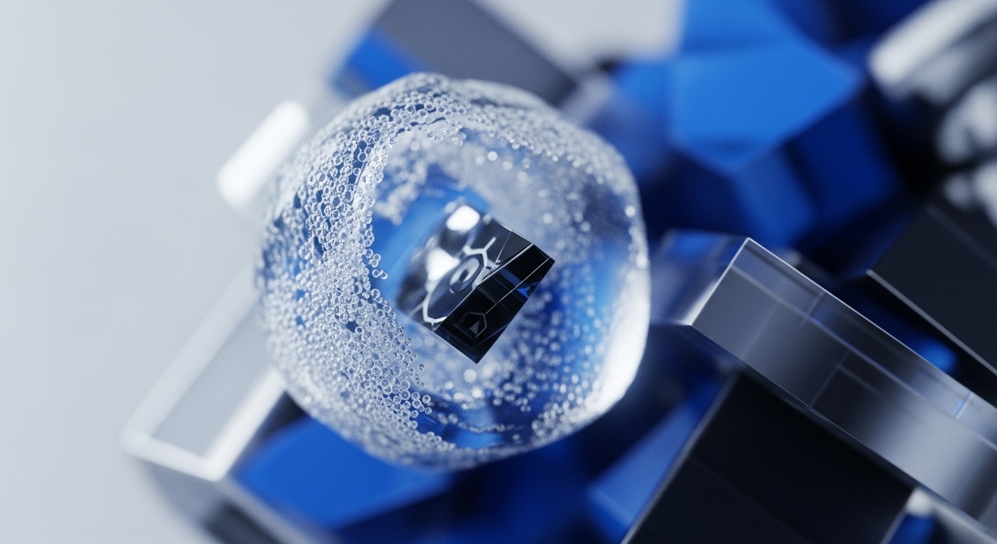 A transparent sphere, covered in effervescent bubbles, encloses a dark, geometrically patterned block, resting amidst blurred blue and grey abstract shapes. This imagery visually interprets complex cryptographic primitives at the core of advanced blockchain architecture