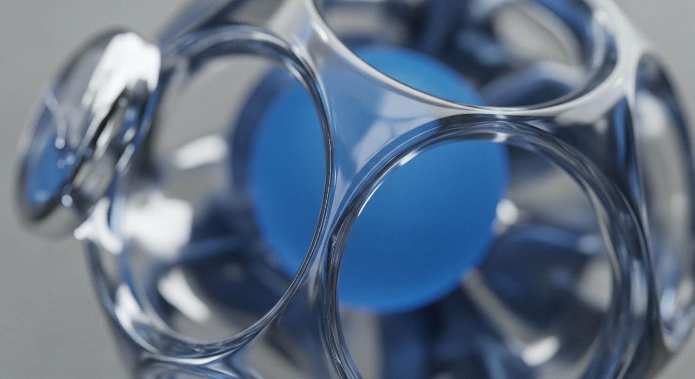 The image features a close-up of a smooth, bright blue sphere contained within a clear, reflective, intricate lattice structure. The transparent outer shell is composed of numerous interconnected circular openings, creating a complex, cage-like form