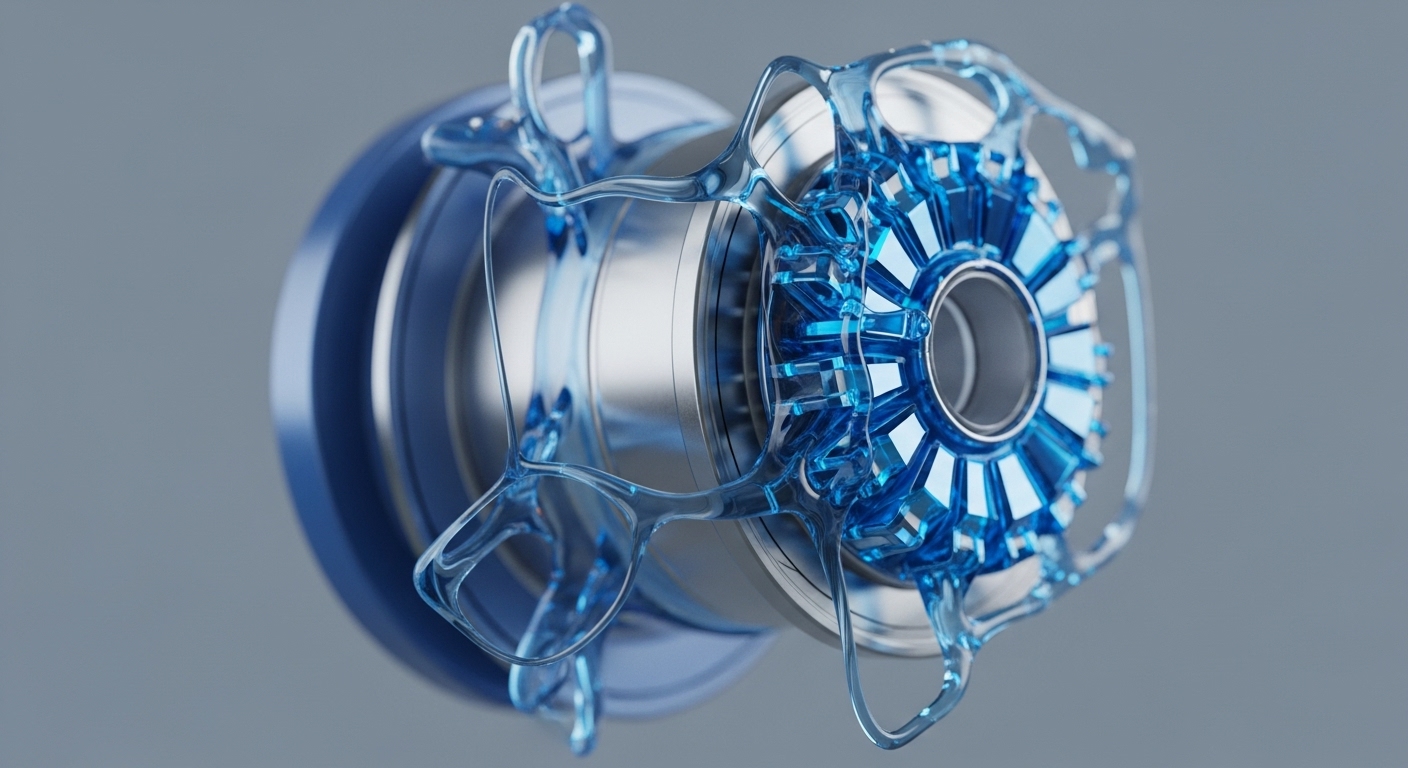 A high-resolution render displays a sophisticated metallic device featuring a radiant blue, multi-faceted internal mechanism. Transparent, flowing blue liquid elements intricately embrace and connect various parts of the central structure, set against a neutral grey background