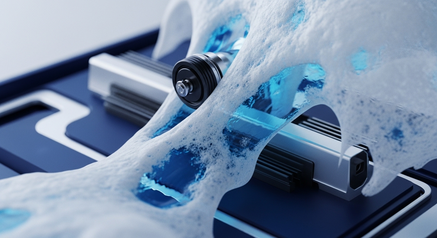A sleek, metallic, modular structure, resembling an advanced server or distributed ledger technology hardware, is enveloped by a vibrant, frothy, blue-tinted fluid. This dynamic substance partially reveals glowing azure channels and pockets, suggesting energetic data streams or liquidity pools flowing through the system