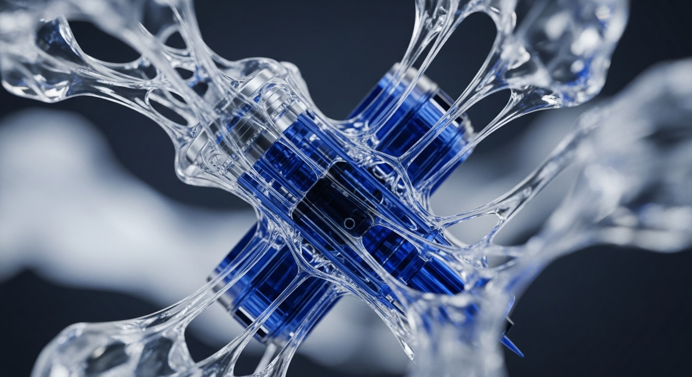 A detailed close-up showcases luminous blue cylindrical units encased within a complex, transparent, web-like matrix. The intricate design emphasizes interconnections and a fluid, yet robust, structural integrity