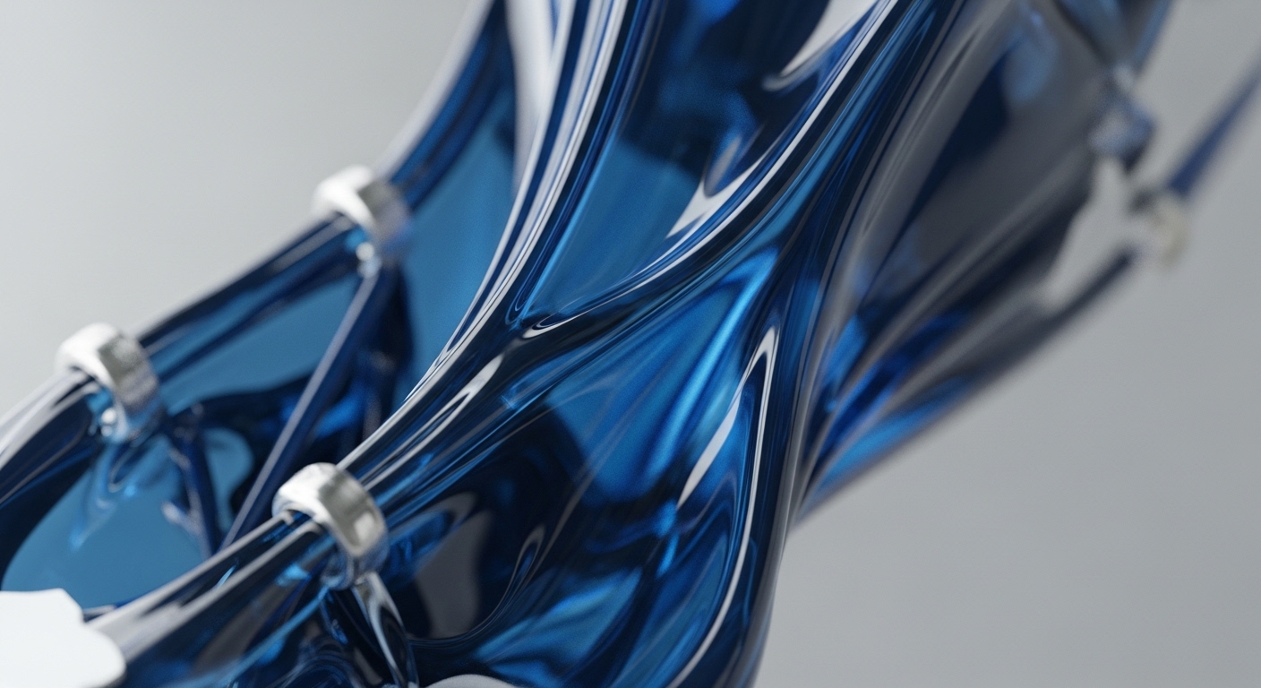 A dynamic, translucent blue material, appearing fluid and reflective, forms a twisted, interwoven structure. Several silver-toned metallic rings secure and delineate segments of this vibrant blue form, set against a soft grey background