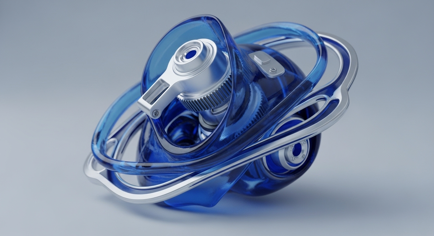 A striking abstract mechanical sculpture, rendered in translucent blue and polished silver, rests on a light gray surface. Its intricate design features looping, interconnected elements and visible gear-like components, suggesting complex internal engineering