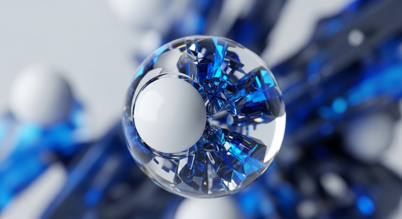 A clear, spherical object with internal white and blue geometric elements is centered in the image. The background is softly blurred, showing additional white spheres and blue and dark abstract forms