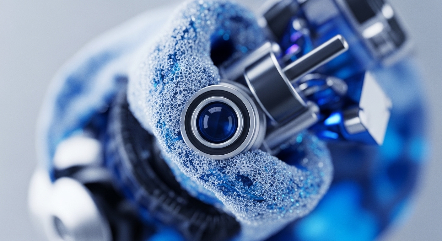 A detailed close-up showcases a dense, granular blue texture, resembling a complex digital fabric, partially obscuring metallic components. A central, silver, lens-like mechanism with a deep blue reflective core is prominently embedded within this textured material