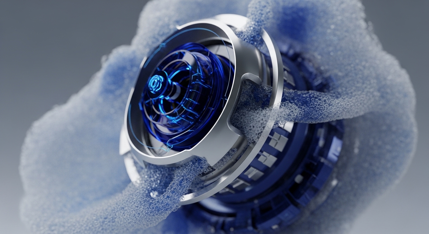 A detailed close-up reveals an advanced circular mechanism featuring a brilliant blue glowing core, partially enveloped by a flowing, granular blue substance. The intricate metallic structure suggests a sophisticated engine or processing unit at work