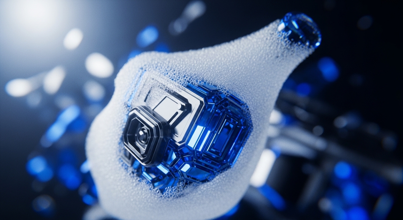 A complex, glowing blue geometric object, appearing as a sophisticated processor or data core, is prominently featured, partially submerged within a textured, bubbly white substance. The surrounding dark background features blurred blue and white lights, creating a sense of depth and advanced technology
