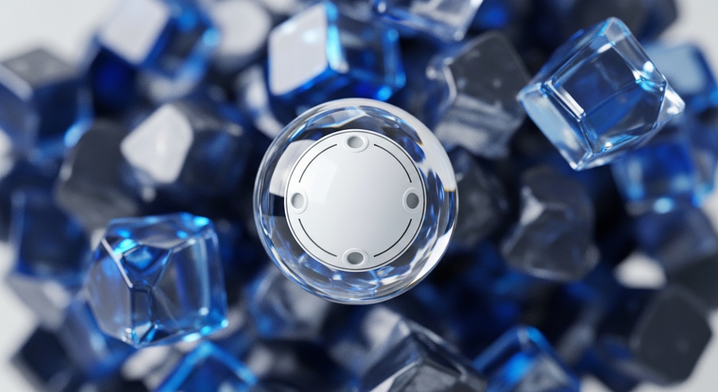 A prominent clear spherical object with an internal white circular panel featuring four distinct circular indentations dominates the center, set against a blurred backdrop of numerous irregularly shaped, faceted blue and dark grey translucent cubes. The central sphere, a visual metaphor for a core protocol or secure enclave, embodies a sophisticated governance mechanism, possibly representing a decentralized autonomous organization DAO or a multi-signature wallet's operational interface