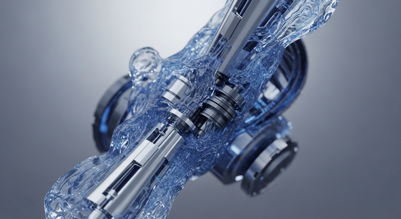 Intricate metallic components, akin to precision-engineered shafts and gears, are immersed and surrounded by a vibrant, translucent blue liquid against a soft grey background. This composition visually interprets the complex blockchain architecture and its underlying cryptographic primitives