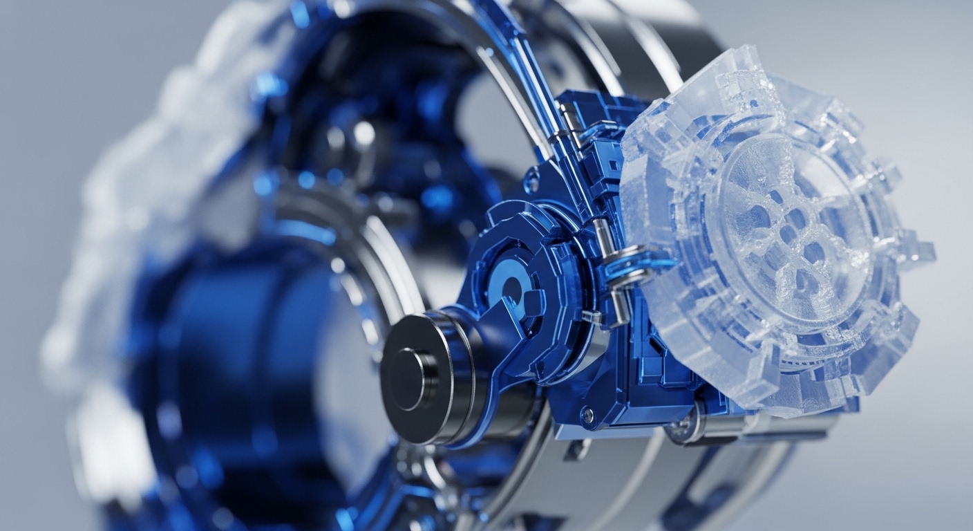 The image showcases a high-resolution, close-up view of a complex mechanical assembly, featuring reflective blue metallic parts and a transparent, intricately designed component. The foreground mechanism is sharply in focus, highlighting its detailed engineering against a softly blurred background