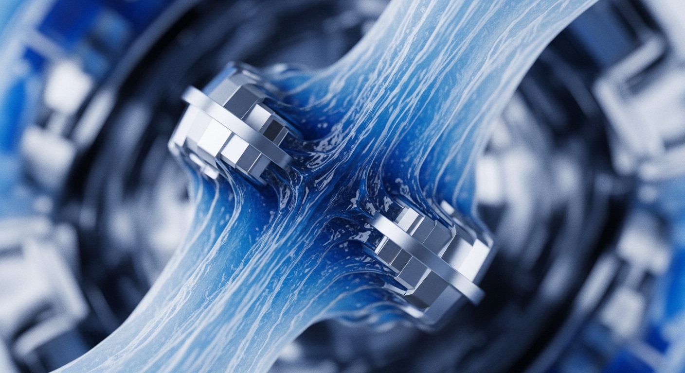 A translucent blue, wavy, fluid-like structure dominates the center, flowing around and encompassing several metallic, geometric silver components. The background is softly blurred, revealing abstract shapes in varying shades of blue and gray, suggesting depth and a complex underlying system of digital infrastructure