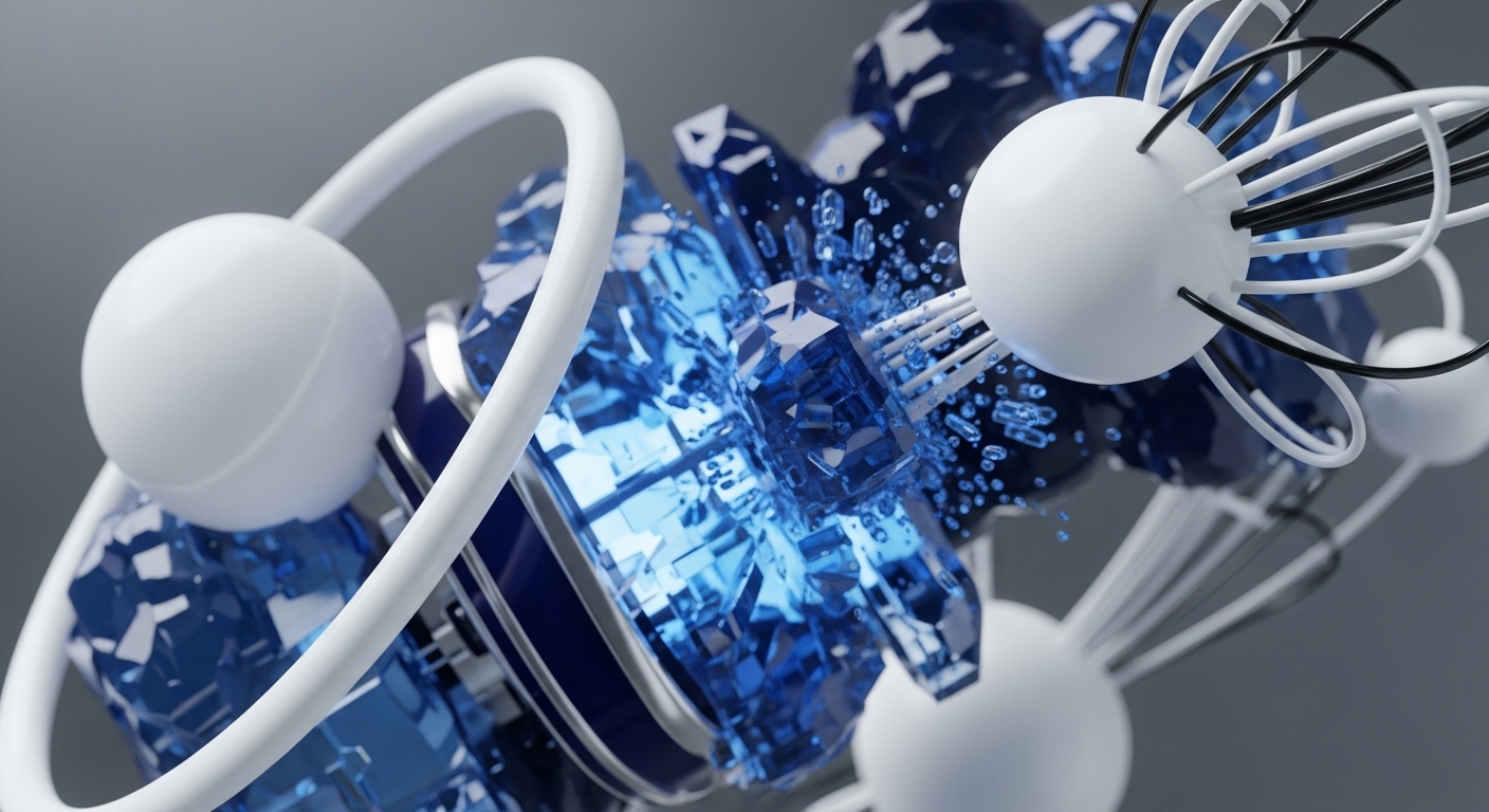 A complex abstract structure against a grey background features large, faceted blue crystals, some appearing to fragment or dissolve into smaller droplets, suggesting dynamic liquidity pools or algorithmic stability mechanisms. White spherical nodes, some encircled by white rings, are interconnected by numerous black and white flexible conduits. These connections represent blockchain network data streams and interoperability protocols, evoking decentralized governance and the flow of digital assets within a distributed ledger technology ecosystem, highlighting intricate cryptographic primitives at work.