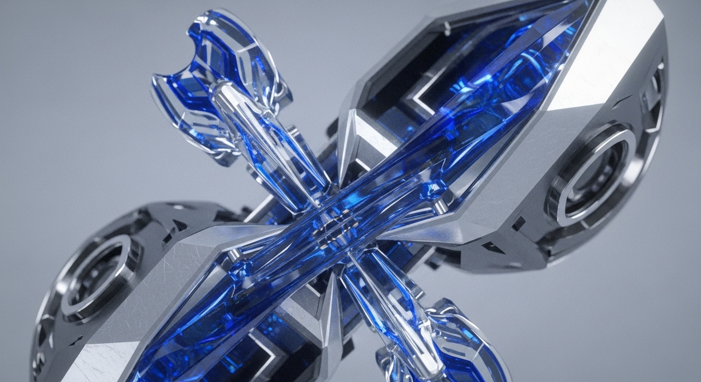 A sophisticated abstract structure features intersecting transparent blue crystalline elements encased within a robust, angular silver and dark metallic framework. The composition highlights intricate connections and precise engineering, suggesting a complex digital system
